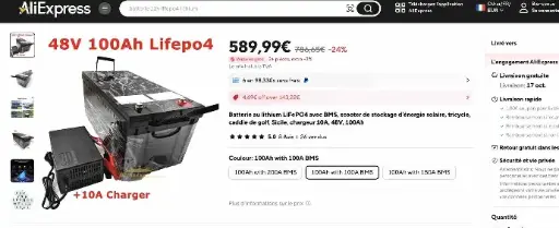 Batterie au lithium LiFePO4 avec BMS, chargeur 10A, 48V, 100Ah